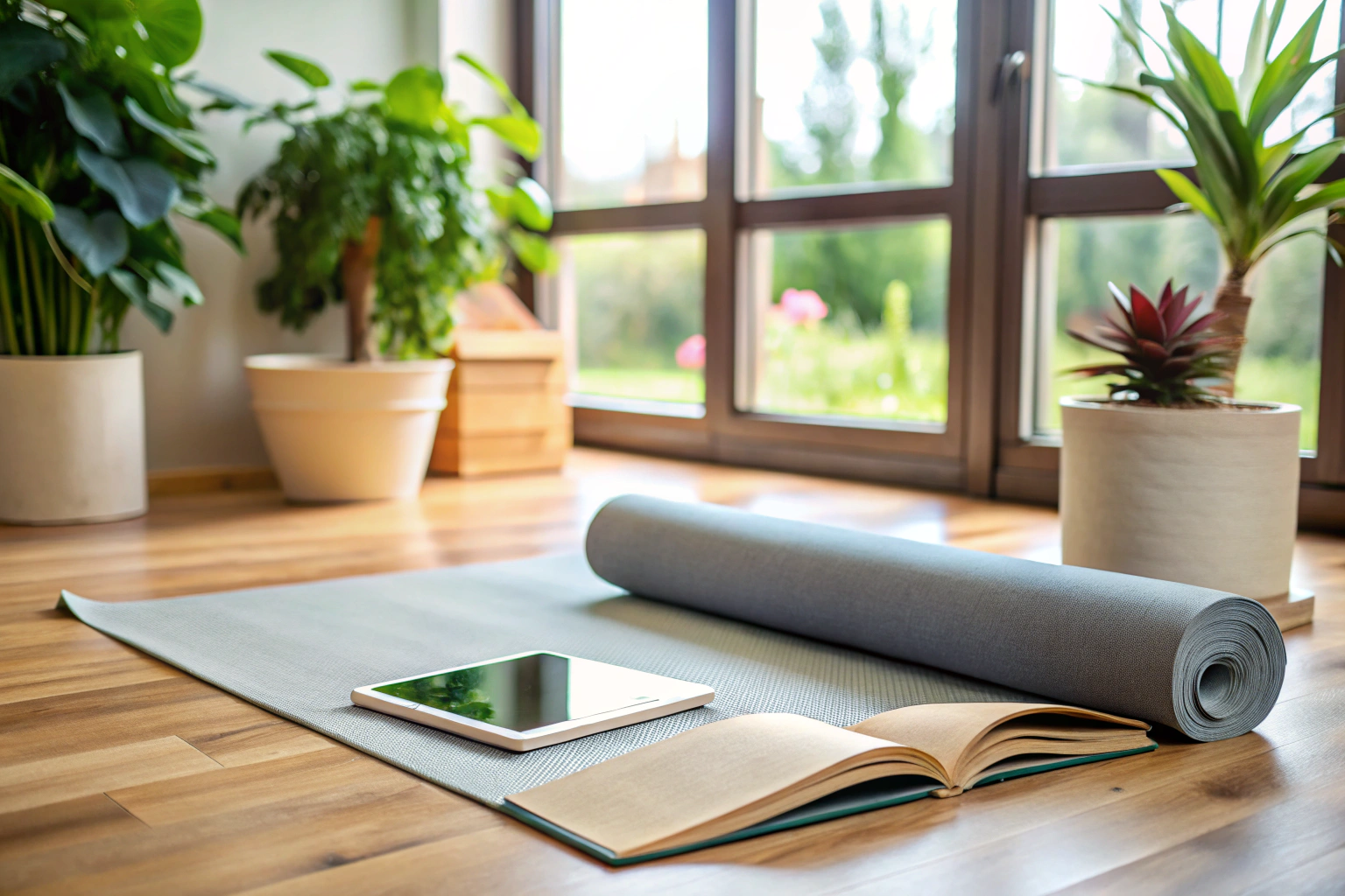 Eine ruhige Ecke mit einer Yoga-Matte, umgeben von Büchern über Yoga, einem Tablet mit einer geöffneten Yoga-App und einem Notizbuch, alles in neutralen Farben und natürlichem Licht, ohne erkennbare Marken oder Schriftzüge