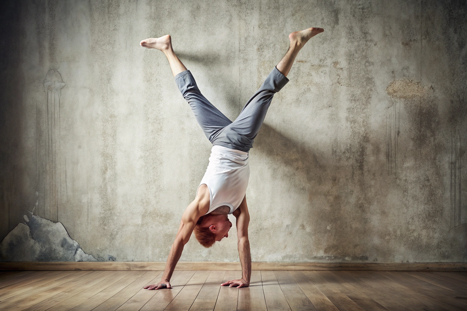 Eine Person in einem Handstand an einer Wand, die Arme gestreckt, Beine gerade, mit konzentriertem Gesichtsausdruck in einem neutralen Raum ohne Dekoration