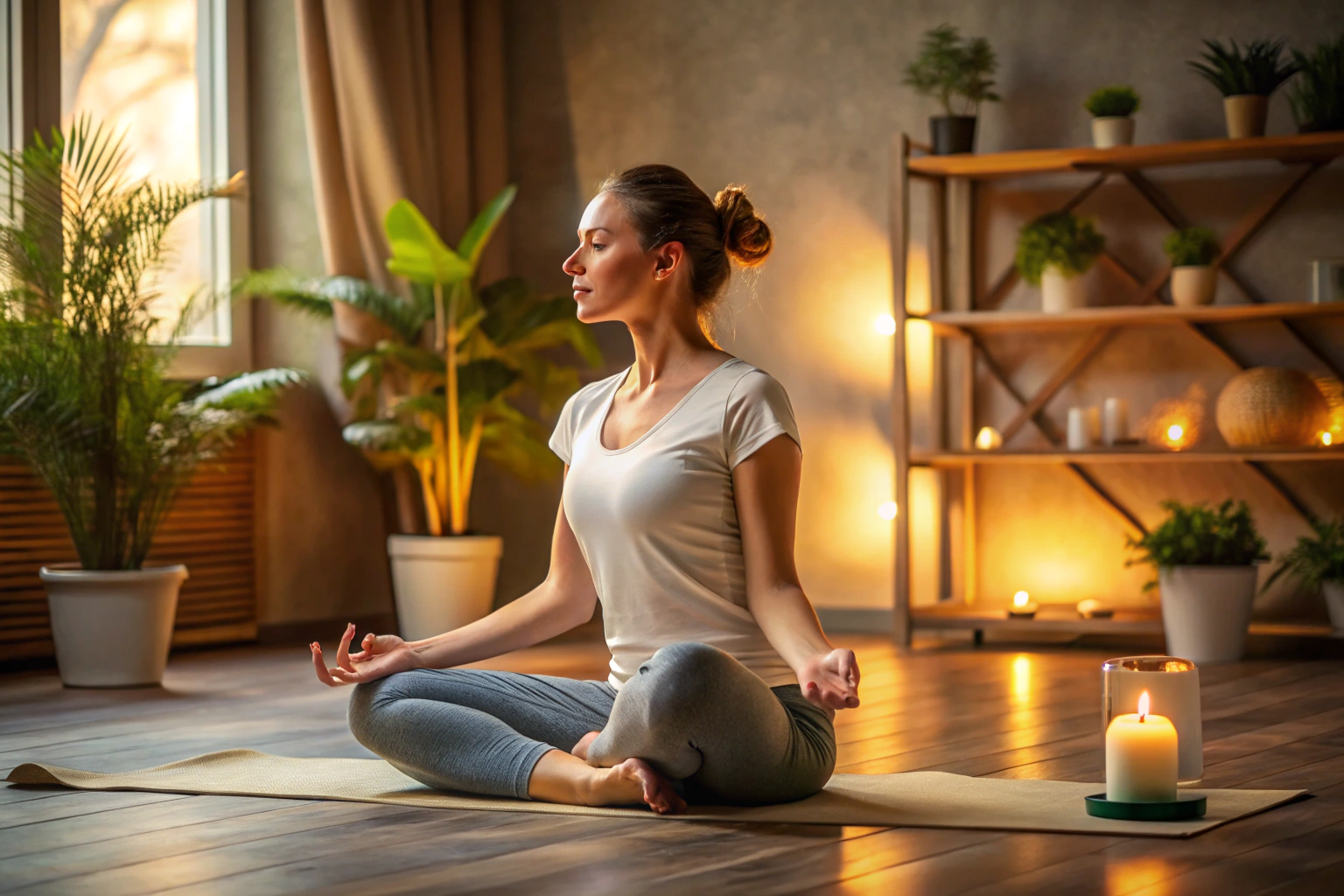 Eine Person in einer entspannten Yoga-Position, die tief atmet, in einem ruhigen Raum mit weichem Licht, ohne Ablenkungen oder erkennbare Symbole