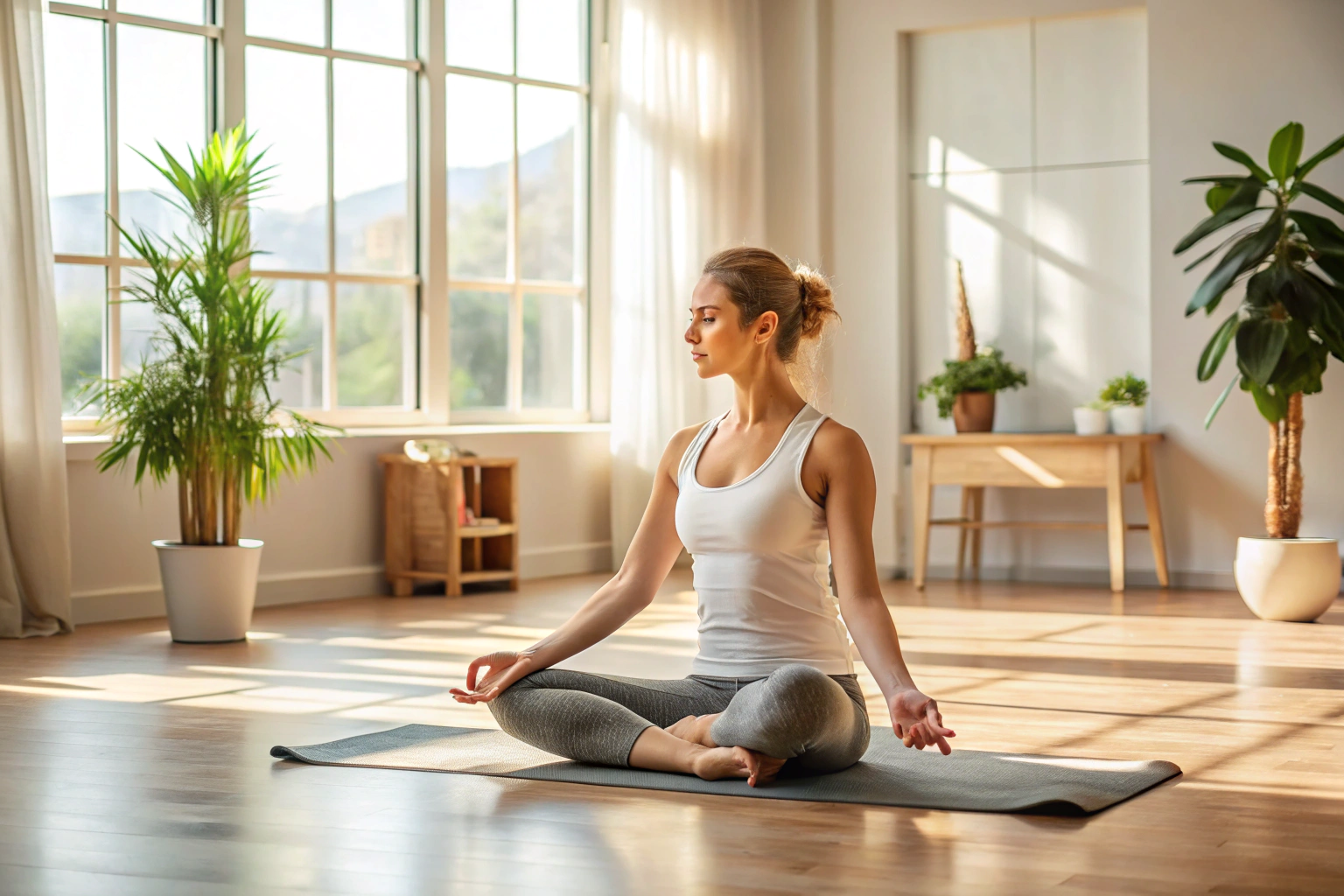 Eine Person in einer einfachen Yoga-Position, sitzend auf einer Matte in einem neutralen Raum mit natürlichem Licht, ohne Ablenkungen oder erkennbare Symbole