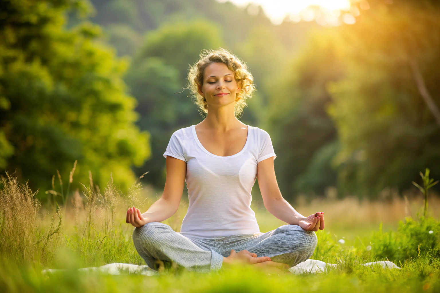 Eine Person in einer entspannten Yoga-Position, sitzend mit geschlossenen Augen und sanftem Lächeln, umgeben von einem weichen, natürlichen Hintergrund ohne erkennbare Symbole oder Text