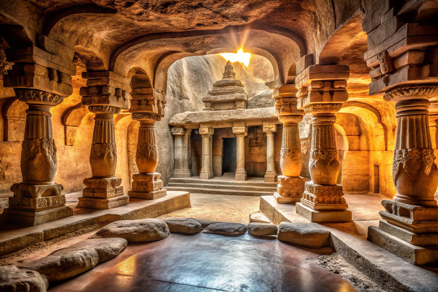 Eine stille, abstrakte Darstellung eines alten indischen Tempels oder einer Höhle mit sanften Schattierungen, die die historischen Wurzeln des Yoga symbolisieren, ohne erkennbare Schriftzüge oder Symbole